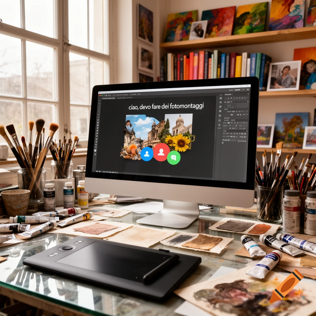 A cluttered artist's studio desk with a computer displaying a photo editing program and the text 'ciao, devo fare dei fotomontaggi', surrounded by brushes, paints, and a drawing tablet.