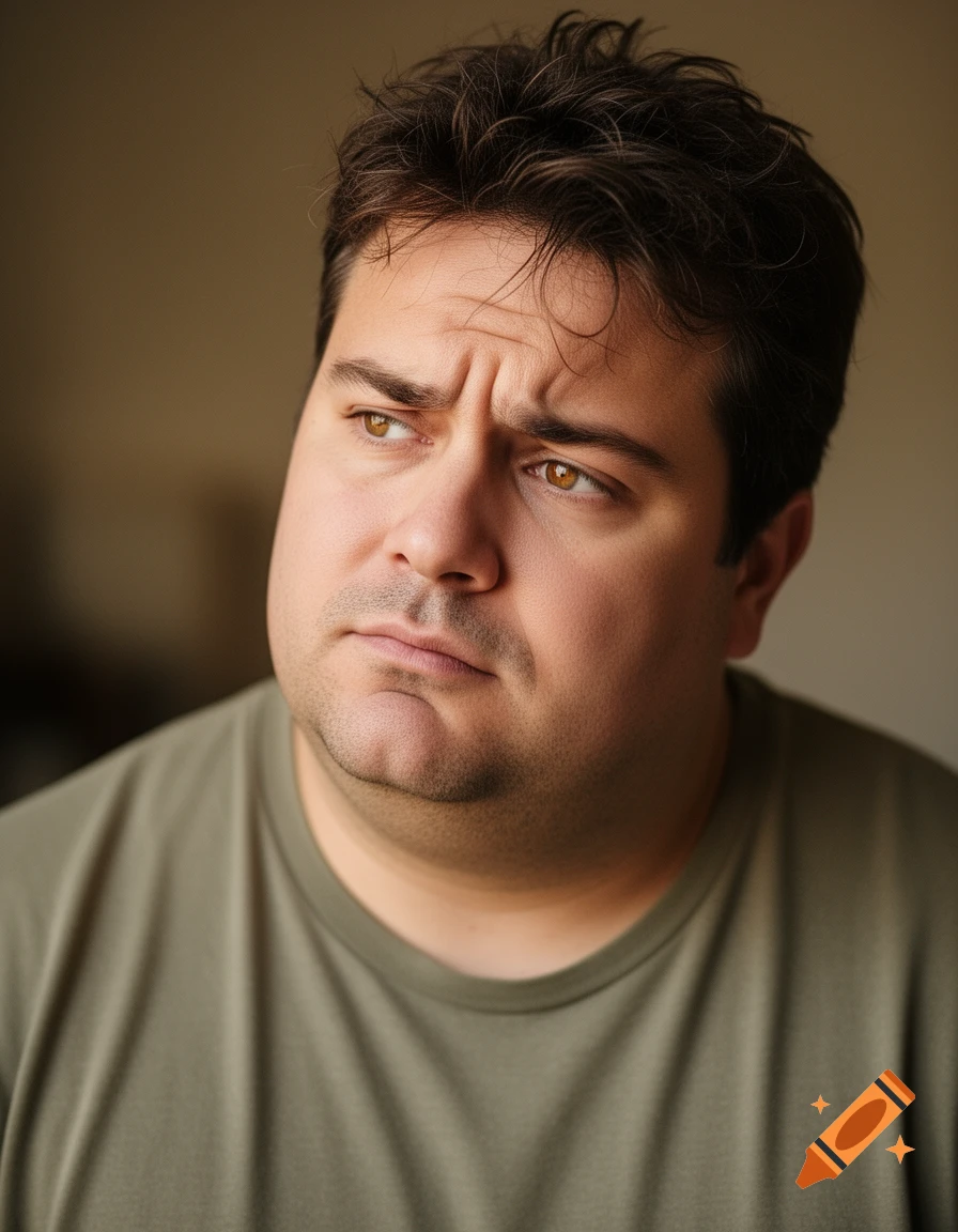Close-up photorealistic portrait of a heavy-set man with unkempt dark hair and a pensive, furrowed expression, looking left.