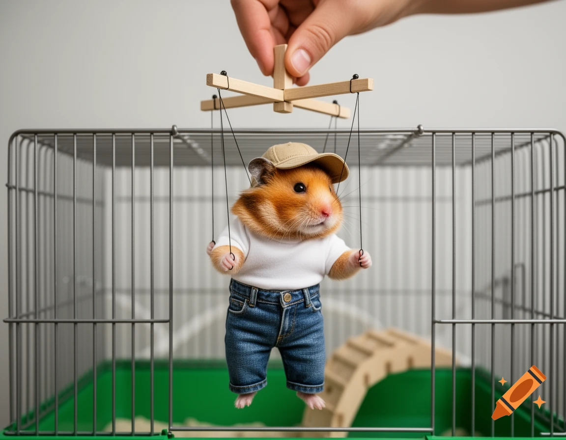A photorealistic image of a hamster puppet in jeans, a white t-shirt, and a cap, held by a human hand over a cage.