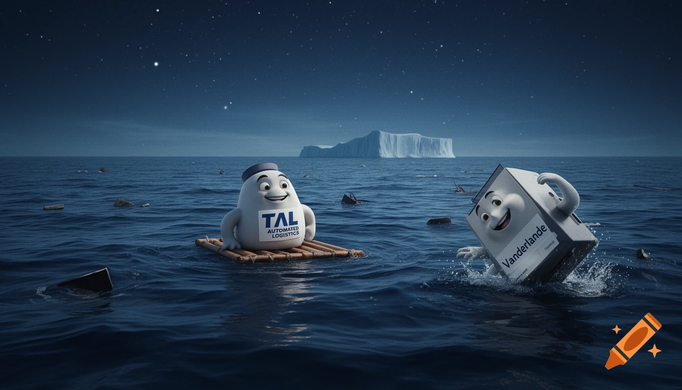 A humorous 3D render of two corporate mascots in a dramatic ocean scene with an iceberg. One mascot is on a raft, the other is sinking.