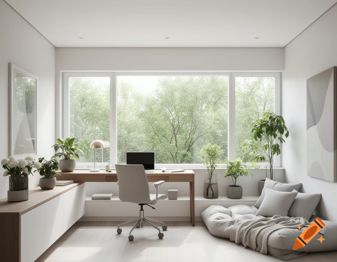 A bright, photorealistic home office with a desk, chair, laptop, and plants, next to a large window overlooking lush trees and a cozy floor cushion.