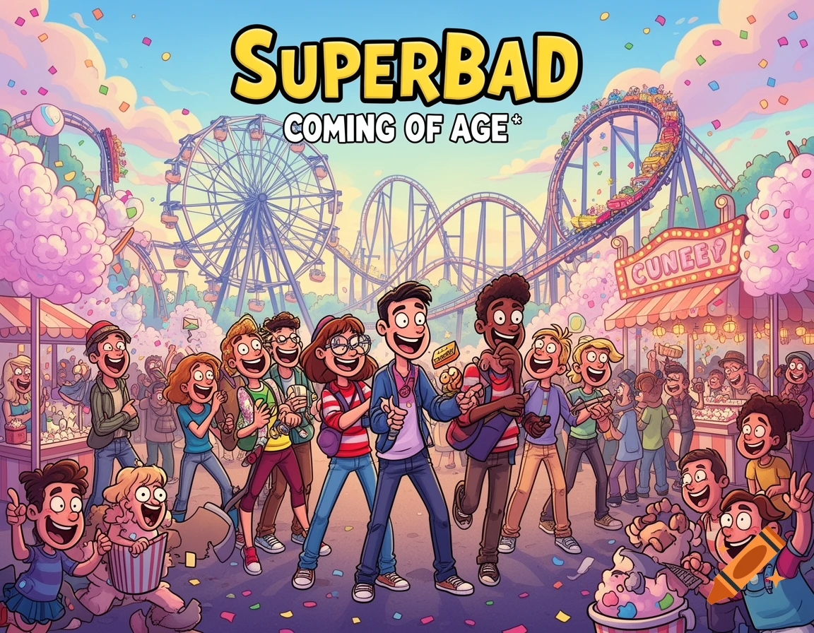 A colorful cartoon shows a diverse group of happy young adults and children at a bustling amusement park under a blue sky, with roller coasters and a Ferris wheel in the background. The text "SUPERBAD COMING OF AGE" is at the top.