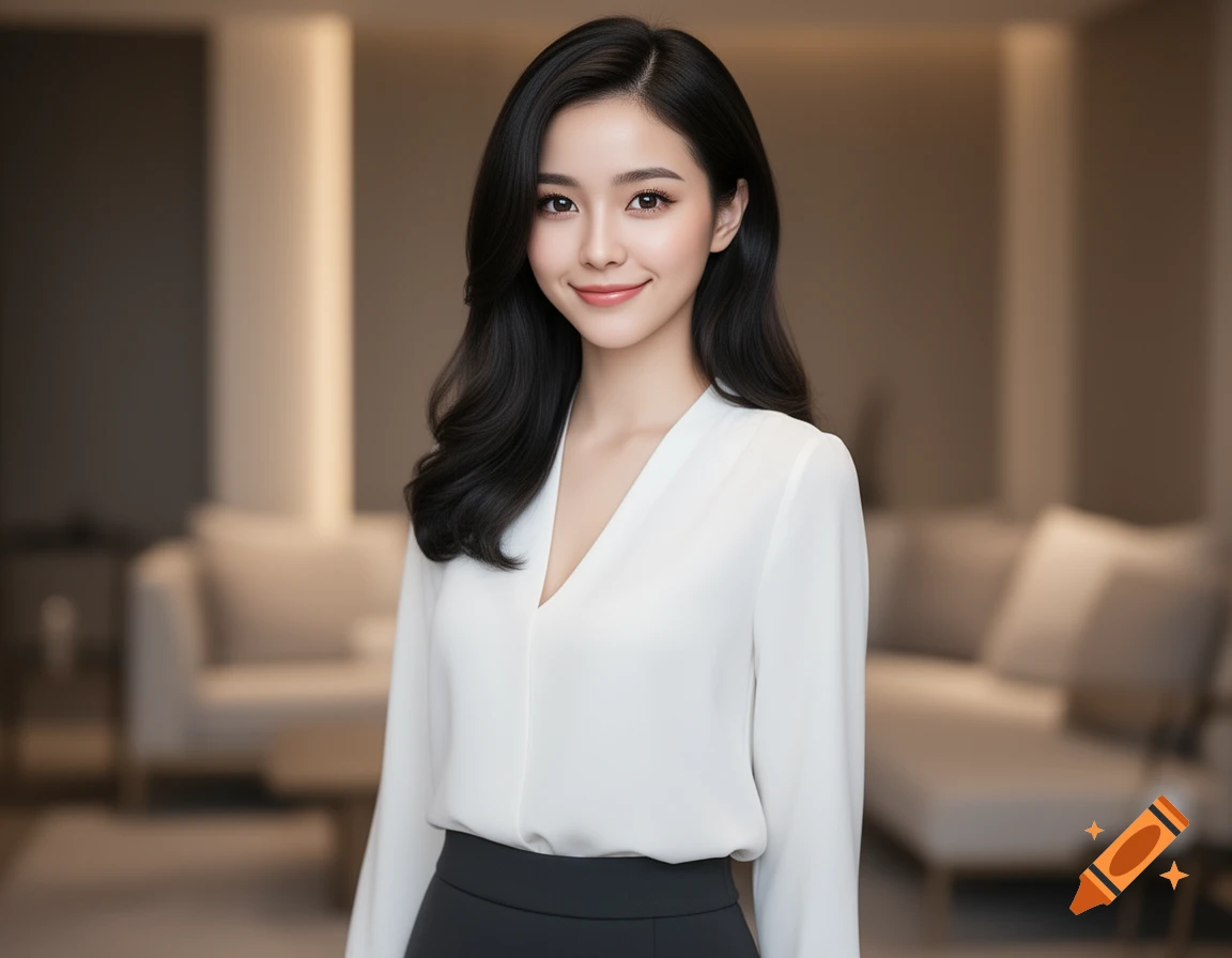Photorealistic portrait of a smiling young Asian woman with long dark hair, wearing a white blouse and dark skirt, against a blurred modern indoor background.