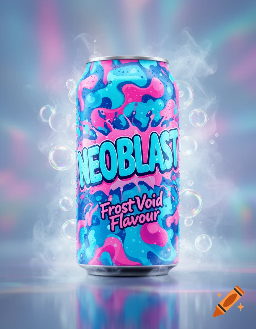 A vibrant pink and blue soda can with the brand 'NEOBLAST Frost Void Flavour', covered in condensation, mist, and bubbles.