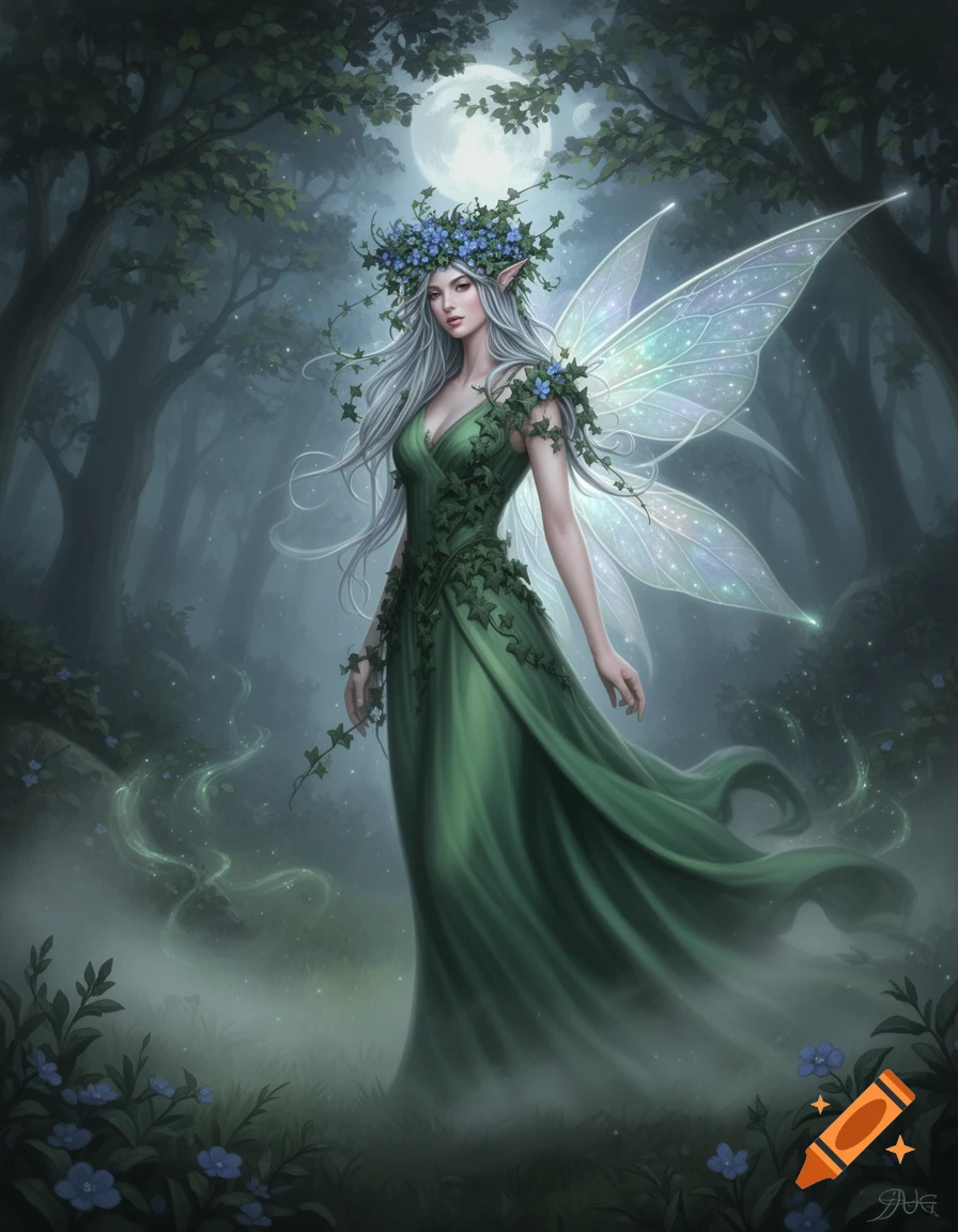 Beautiful fae with silver hair, green ivy dress, blue flower crown, glowing wings in a misty enchanted forest under a full moon.