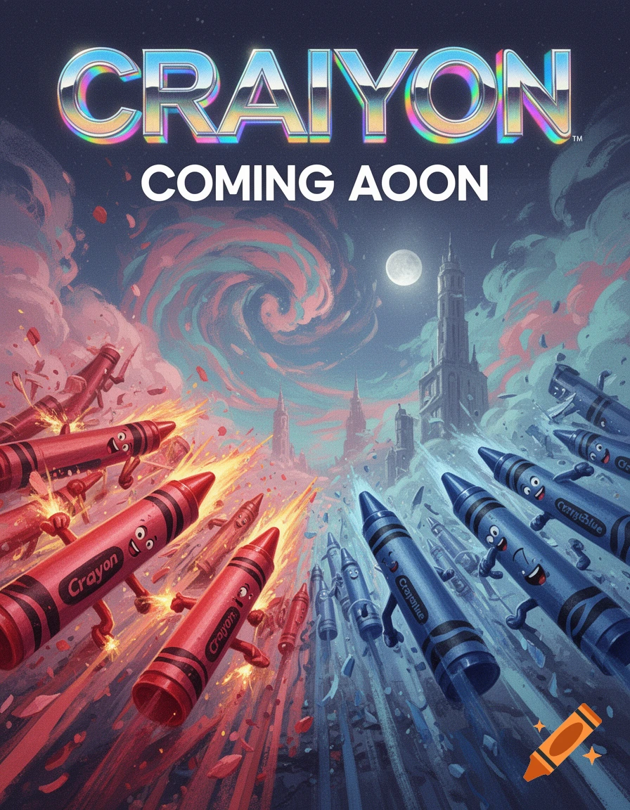 A vibrant movie poster for 'Craiyon' shows red and blue anthropomorphic crayons with arms and legs flying and battling in a surreal, stormy sky with castles.