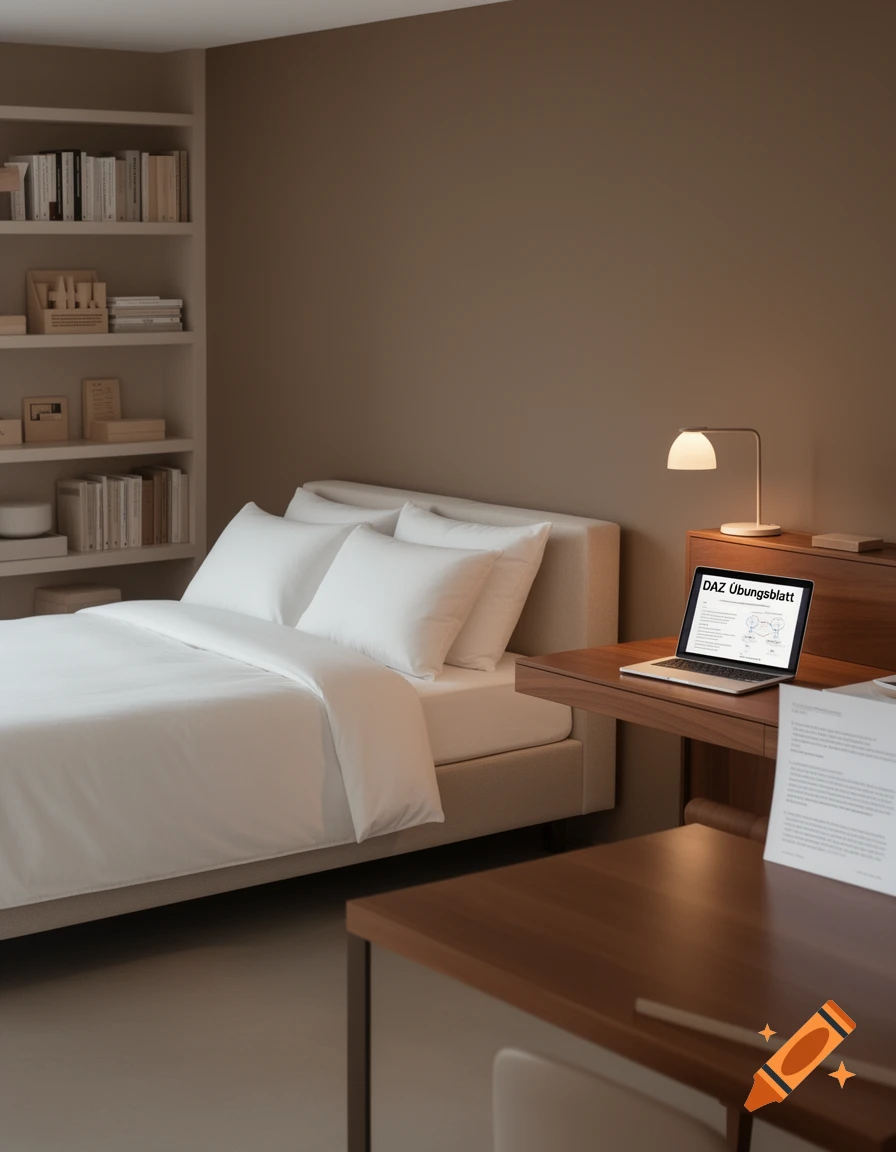 A minimalist bedroom with a bed, bookshelf, and a wooden desk featuring a laptop displaying a document.