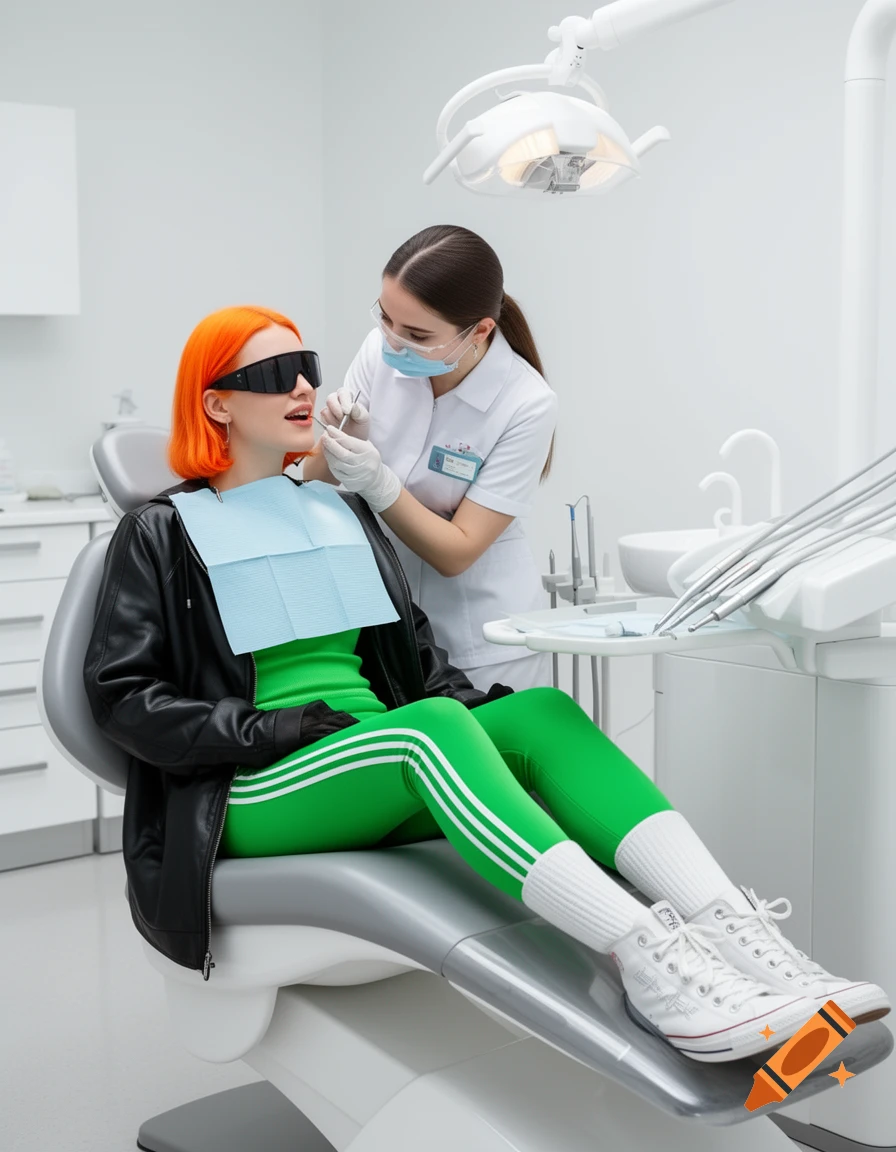 A woman with orange hair, protective sunglasses, and a green tracksuit sits in a dentist's chair as a dental nurse examines her teeth.