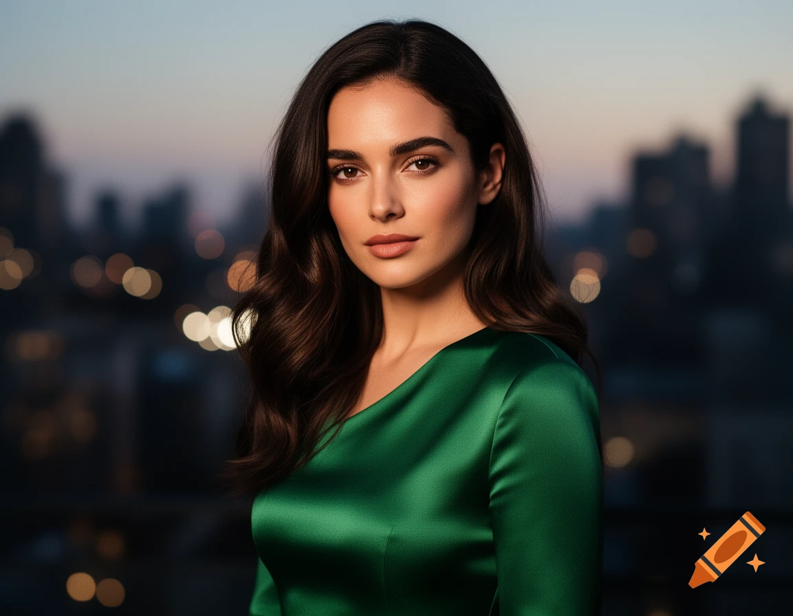 A photorealistic portrait of a woman with dark wavy hair and a green satin dress, standing against a blurred city skyline at dusk.
