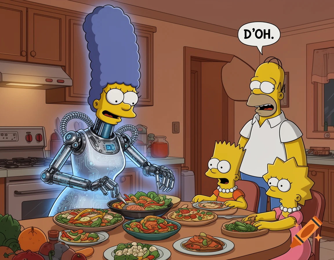 Robot Marge Simpson cooks for Homer, Bart, and Lisa, as Homer exclaims "D'OH." in a cartoon kitchen.