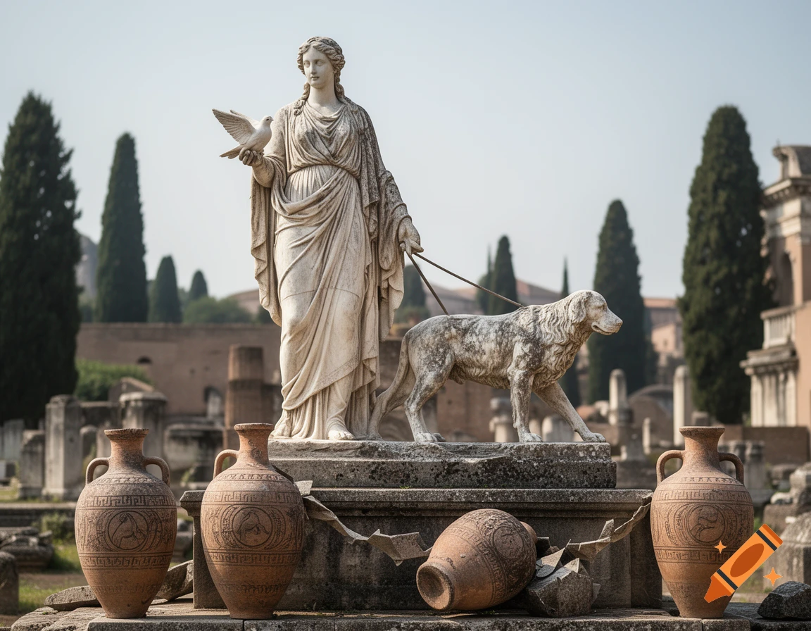 Photorealistic Roman tombstone with a classical statue of a woman holding a dove and leading a dog, flanked by amphoras, one broken, amid ancient ruins.