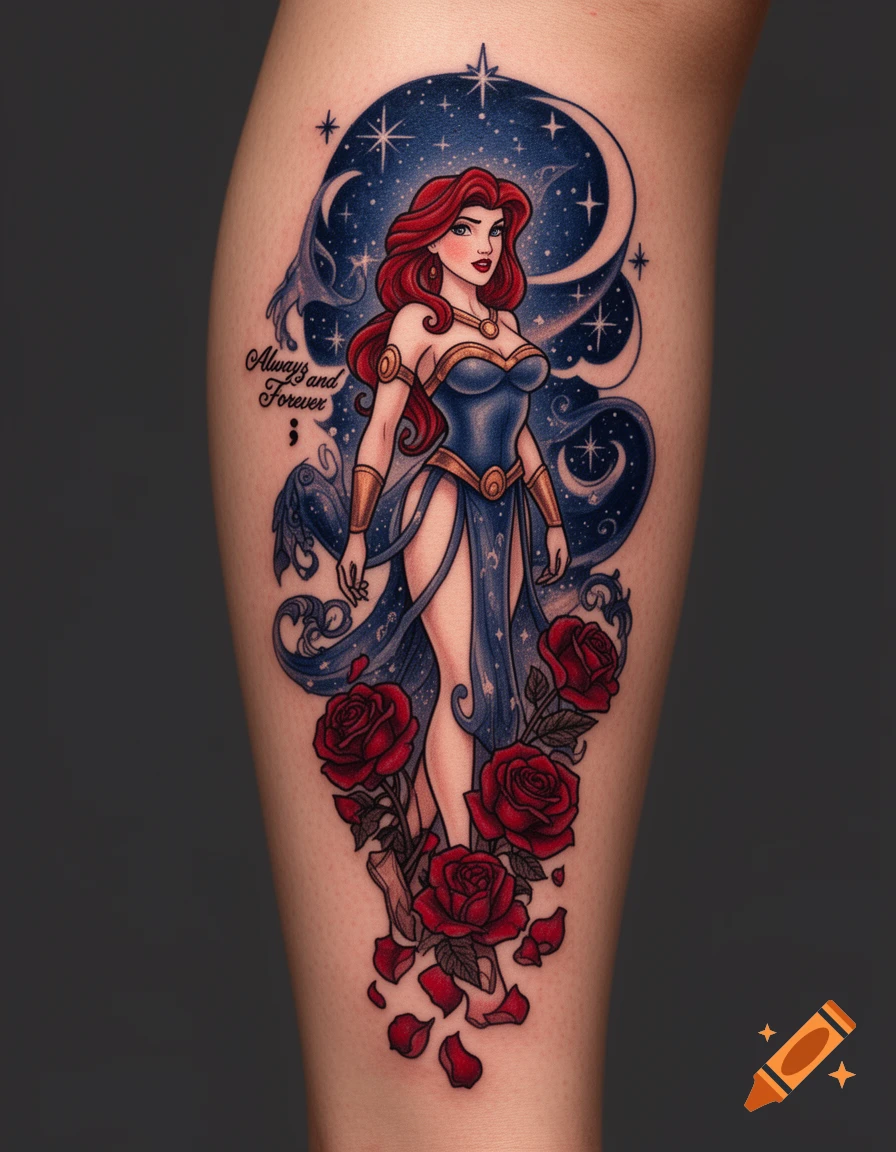 Colorful tattoo of Disney's Megara with red hair, in a blue dress surrounded by stars, a moon, roses, and 'Always and Forever' text.