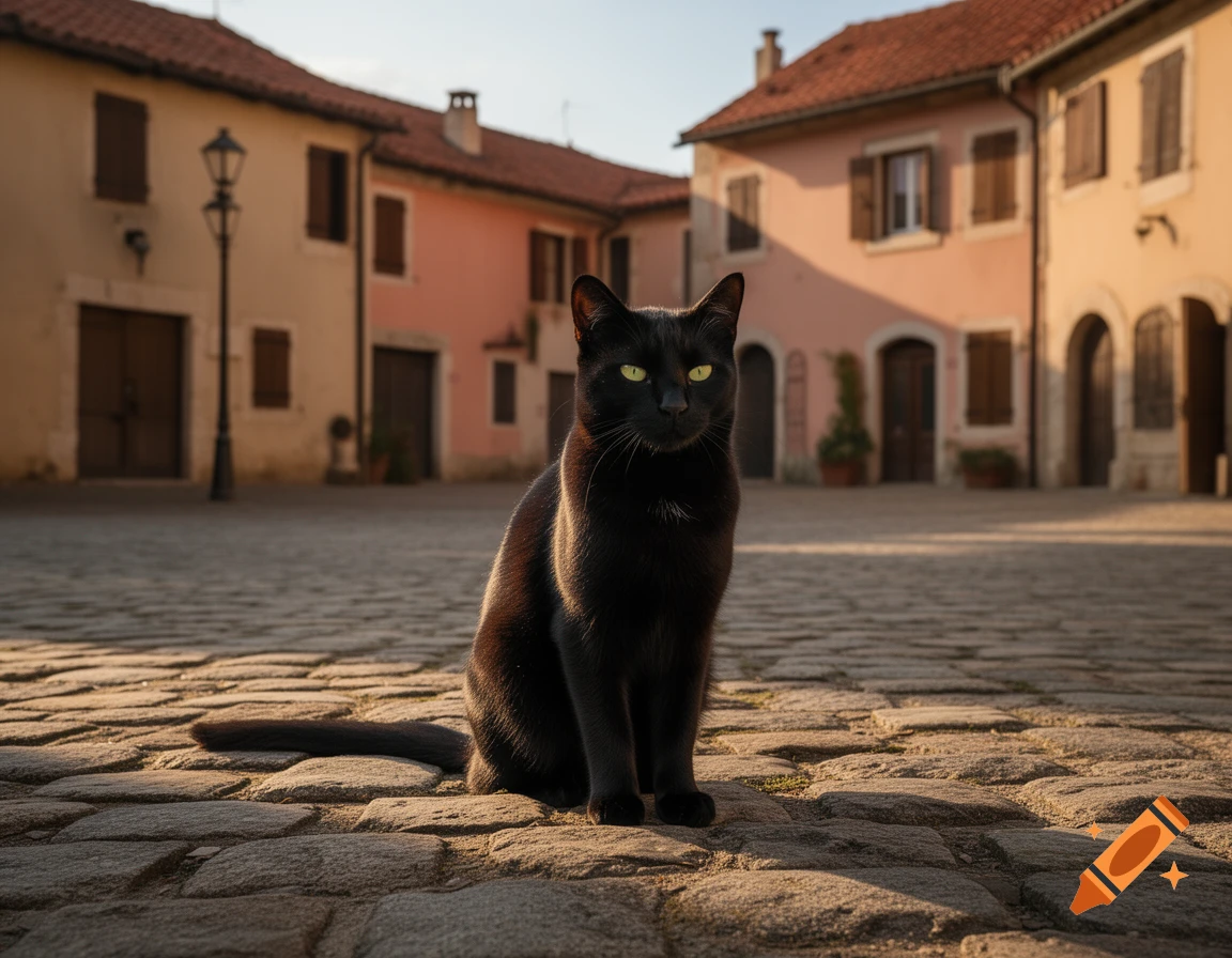 A sleek black cat with bright yellow eyes sits on a cobblestone plaza, surrounded by sunlit, old European buildings.