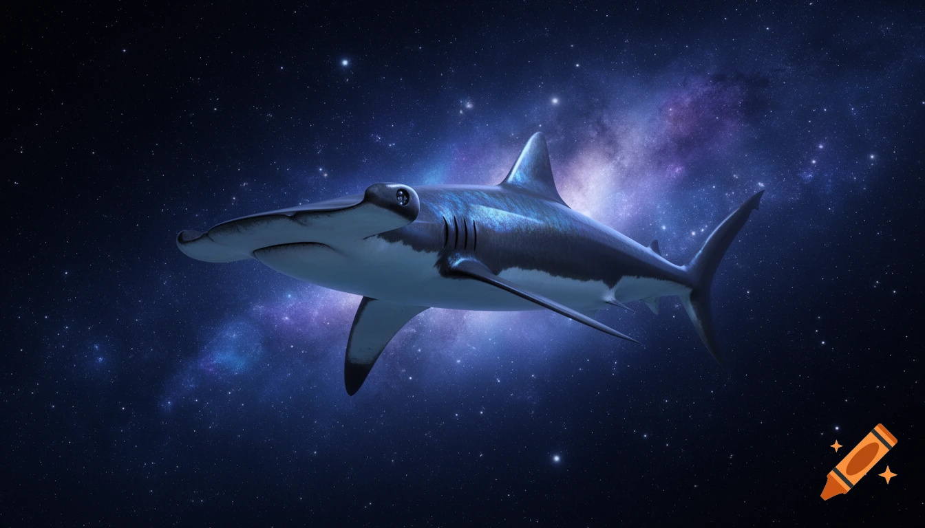 A hammerhead shark swimming through a starry cosmic space with purple and blue nebulae.