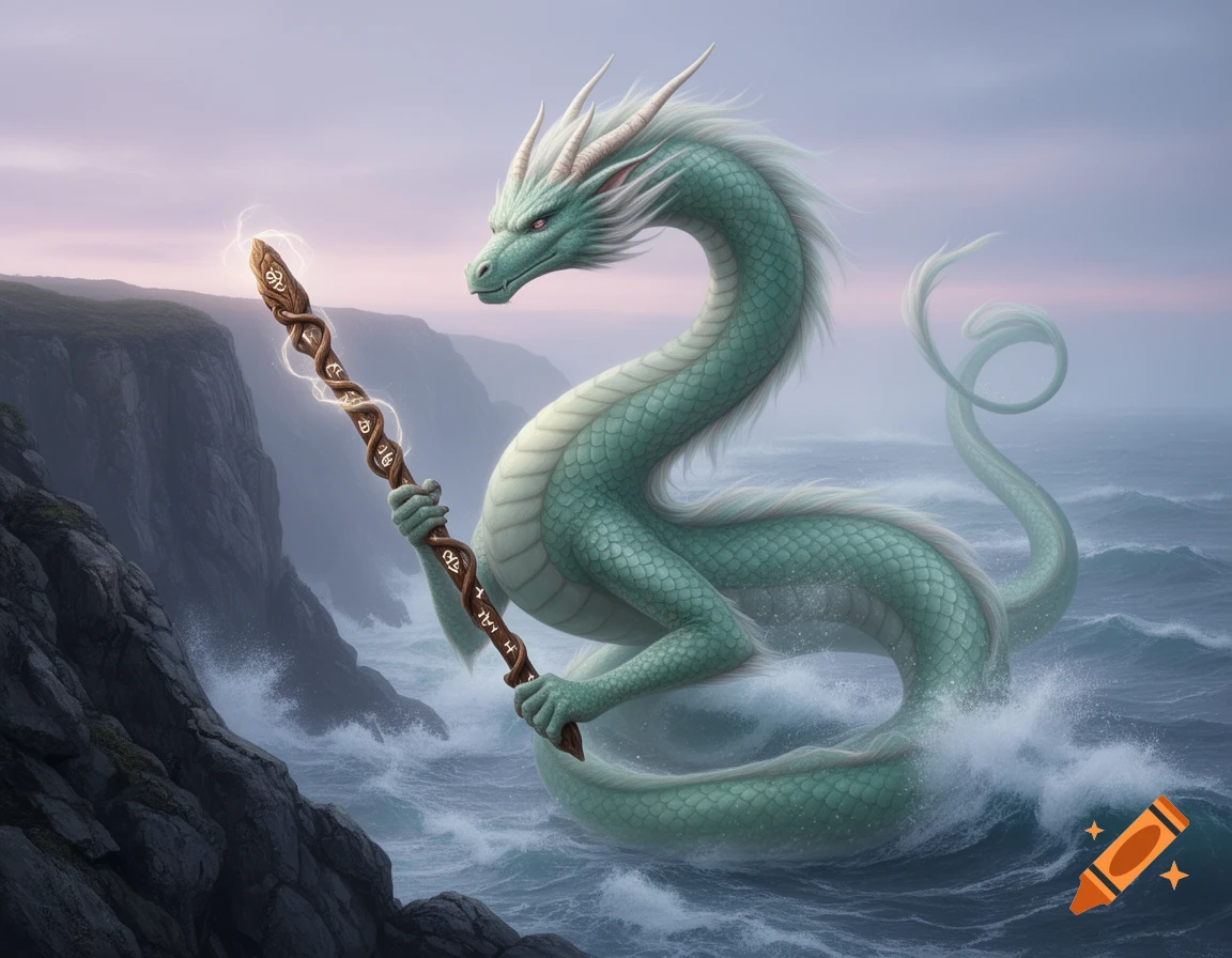 A seafoam green dragon, half western and half eastern style, rises from the ocean, holding a glowing magical staff near rocky cliffs.