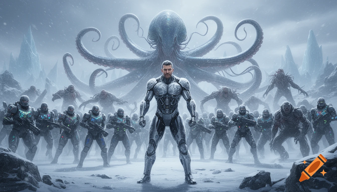 A powerful cyborg leader and his army confront a giant octopus-like monster and its horde in a snowy, stormy landscape.