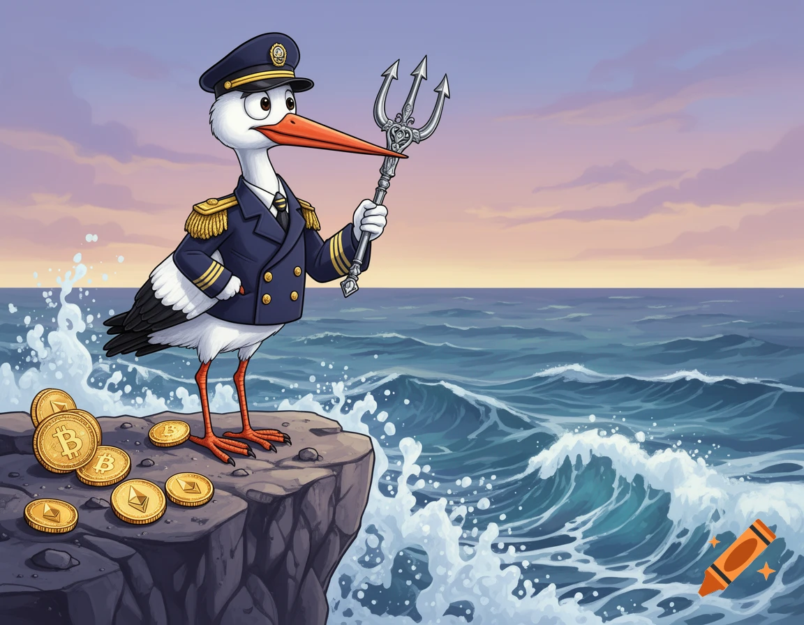 A cartoon stork dressed as a ship captain stands on a rocky cliff holding a trident, with golden Bitcoin and Ethereum coins scattered by the ocean waves.