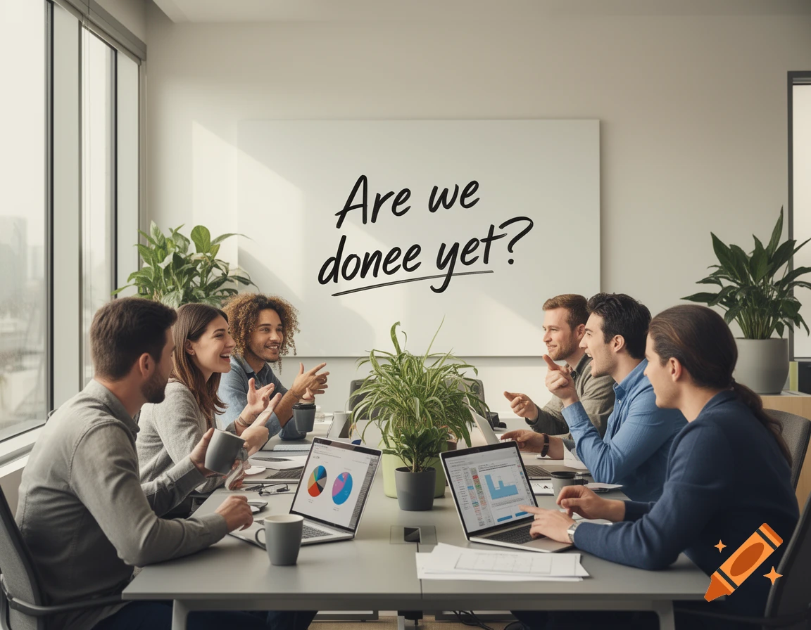 Six professionals in a bright office meeting room with laptops and a whiteboard reading 'Are we donee yet?'