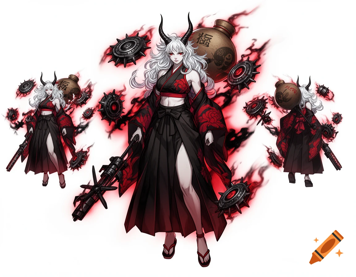 Anime concept art of an oni queen in a black and red kimono, with white hair, horns, a weapon, floating spiked wheels, and a sake gourd.