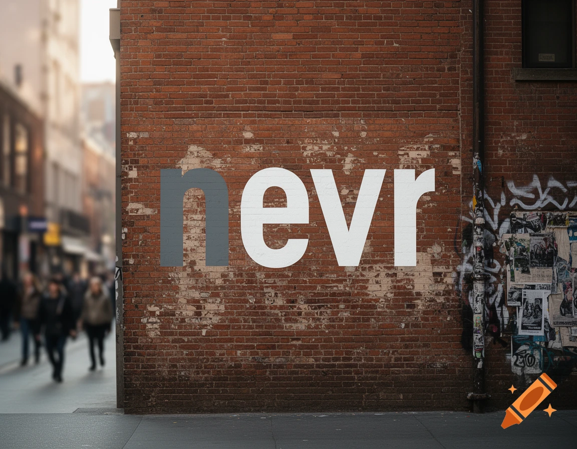 The word 'nevr' in gray and white on a textured brick wall, with a blurred urban street scene in the background.