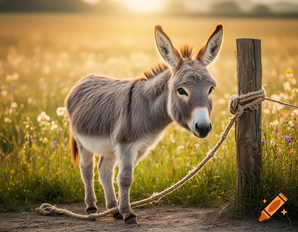 A photorealistic image of a grey donkey tied to a wooden post in a sunlit field with wildflowers.