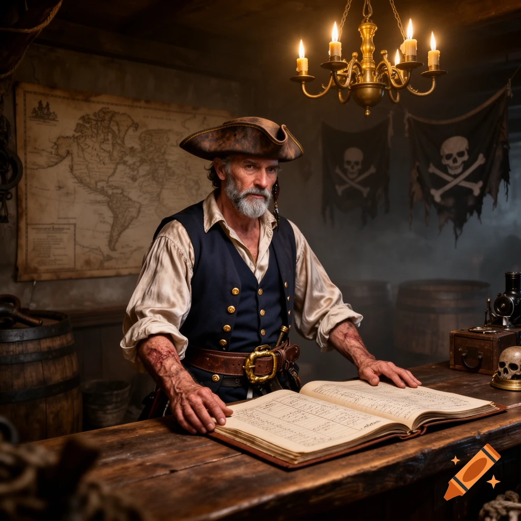 A bearded pirate in a tricorn hat and vest stands at a wooden desk with an open ledger, a map, and skull flags. Photorealistic.