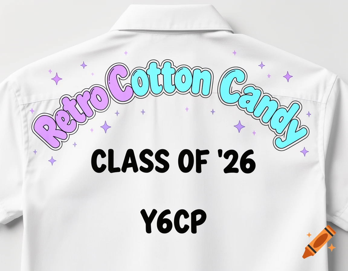 Back of a white school uniform shirt with 'Retro Cotton Candy' in pastel bubble letters, 'CLASS OF '26', and 'Y6CP' in bold black text, adorned with purple sparkles.