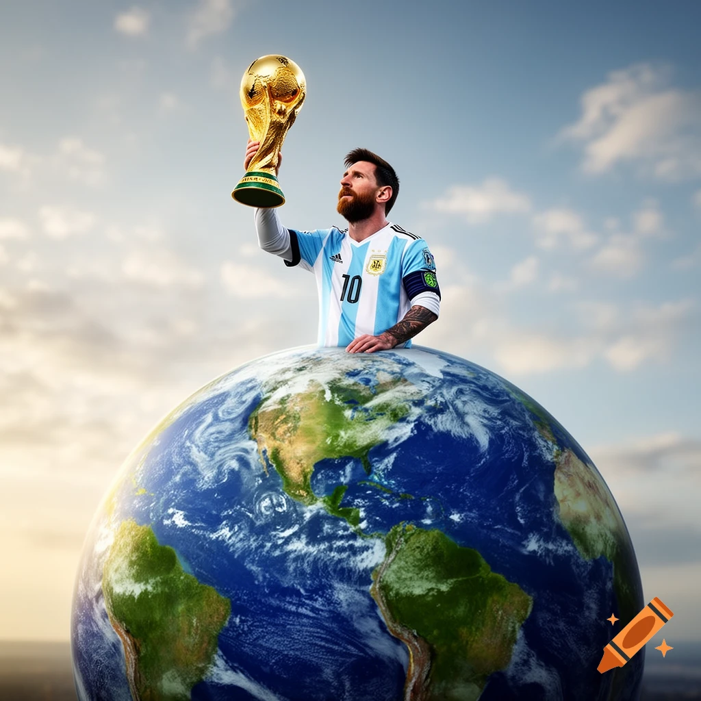 Photorealistic image of Lionel Messi in an Argentina jersey, holding the golden World Cup trophy above his head, standing on a detailed Earth.