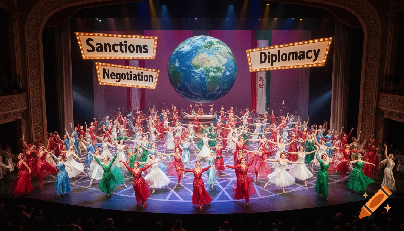 A stage show with a large globe and many dancers in colorful costumes. Signs above read 'Sanctions', 'Negotiation', 'Diplomacy'.
