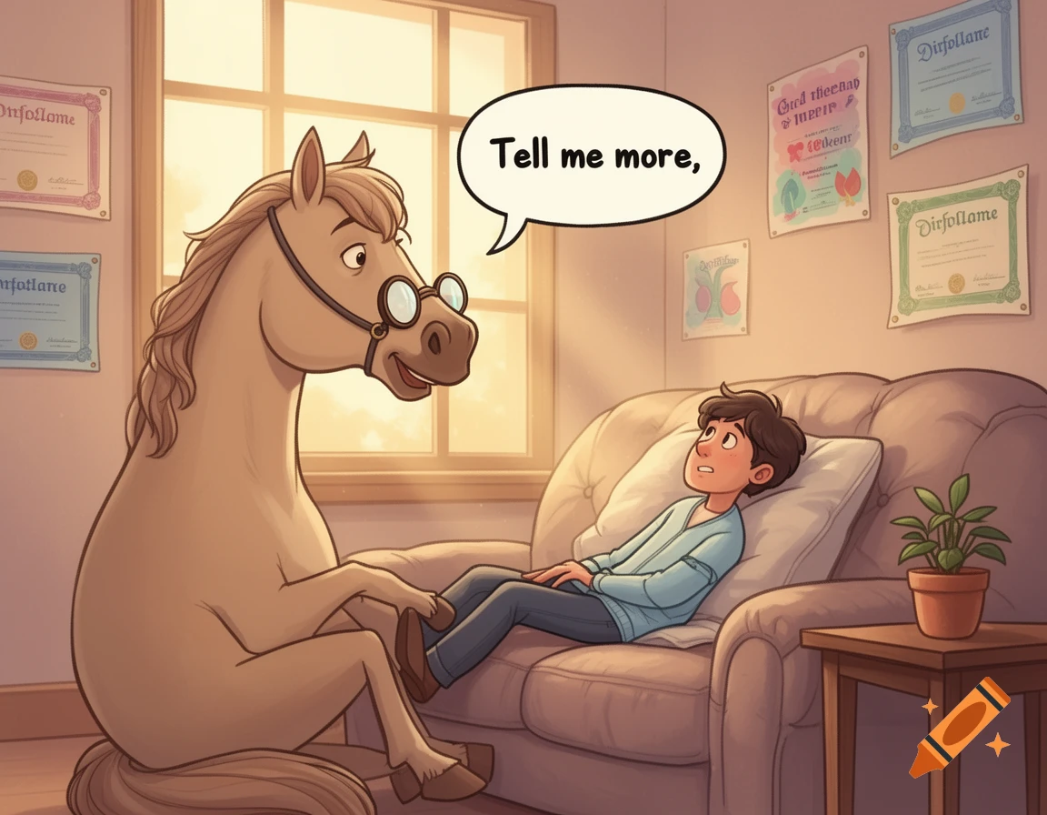 A cartoon horse wearing glasses sits on a chair, talking to a boy lying on a therapy couch. The horse says, "Tell me more," while the boy looks up, contemplating. Certificates with gibberish text hang on the wall behind them.
