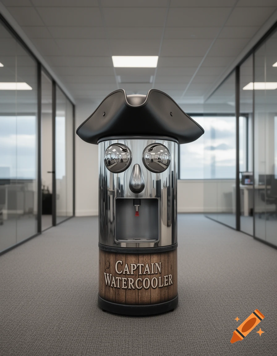 Photorealistic water cooler styled as a pirate captain with a tricorn hat and metal face, labeled 'CAPTAIN WATERCOOLER' in an office hallway.