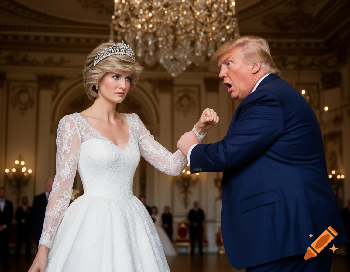 Princess Diana in a white gown and tiara confronts Donald Trump, who has an open-mouthed expression and raised fist, in a grand ballroom.