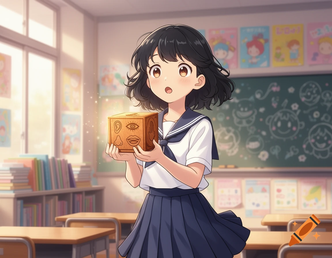 Anime girl in a school uniform holding a glowing cube with five senses symbols in a classroom.