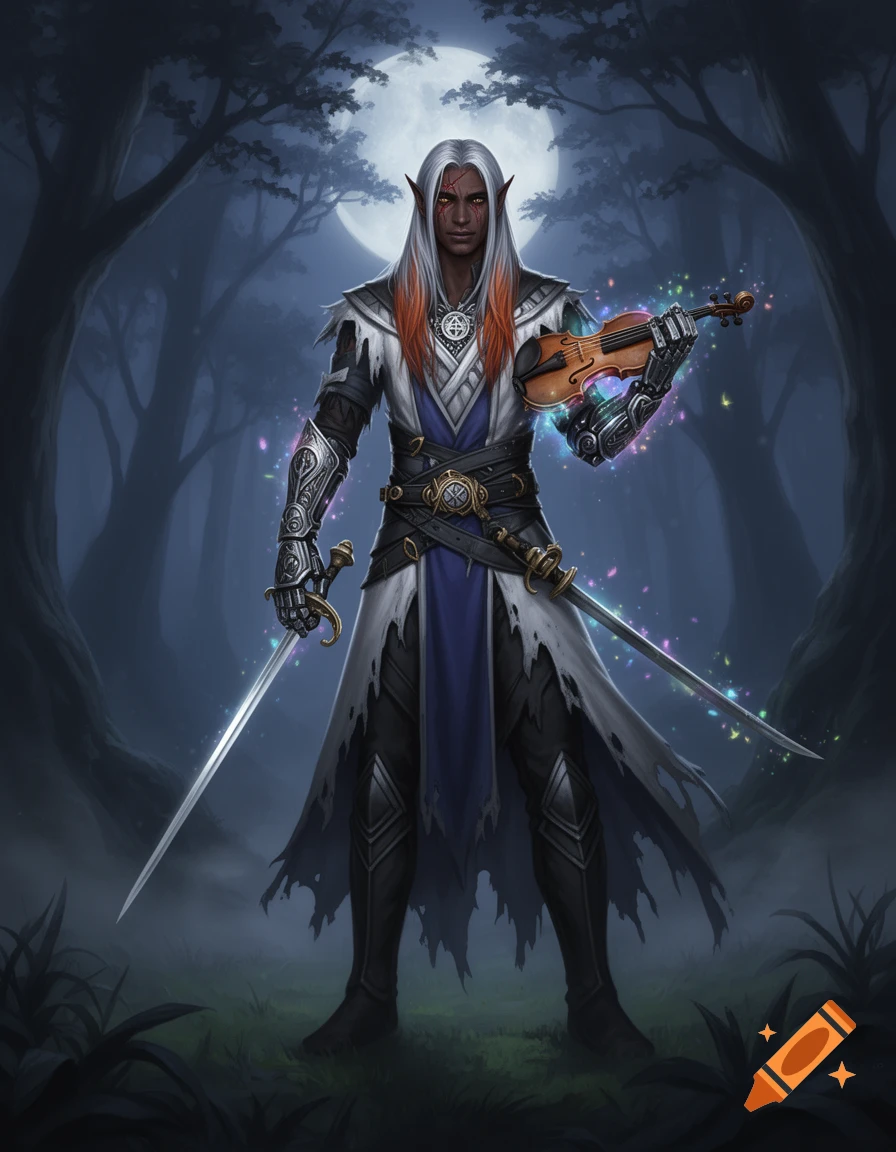 A male drow elf glamour bard with silver hair, a scar, and a prosthetic arm, holding a violin and a sword in a moonlit forest.