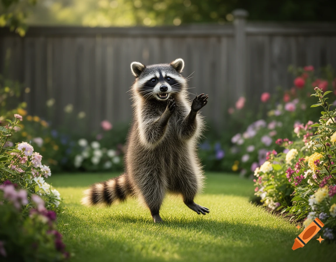 A fluffy raccoon stands on its hind legs in a sunny garden with blooming flowers and a wooden fence in the background.