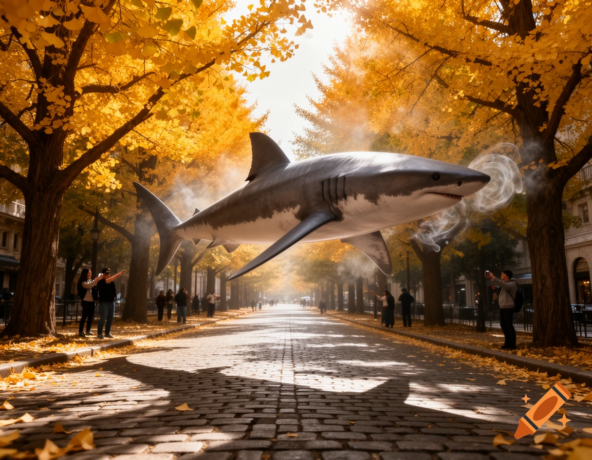 A large great white shark floats above a cobblestone street lined with golden ginkgo trees in autumn, as people look up in wonder.