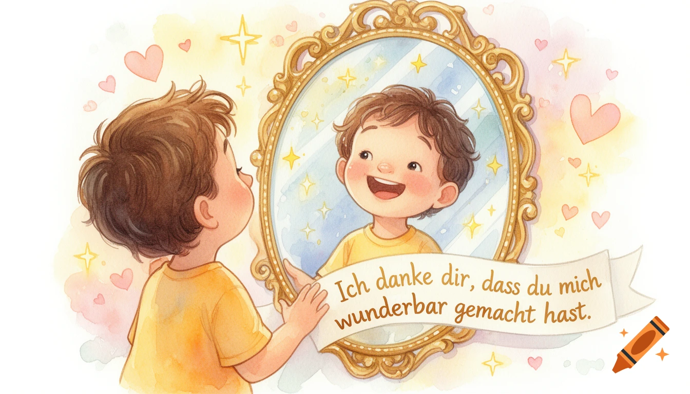 Watercolor illustration of a child smiling at their reflection in a golden mirror. A banner reads "Ich danke dir, dass du mich wunderbar gemacht hast."