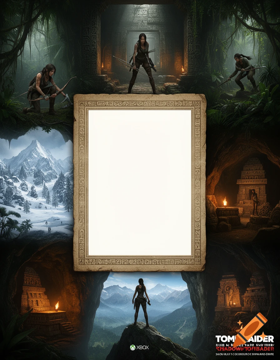 A vertical collage poster in cinematic style for Tomb Raider, featuring Lara Croft in various scenes like a jungle, snowy mountains, and ancient temples, with an empty frame in the center for a code and 'TOMB RAIDER' logo at the bottom.