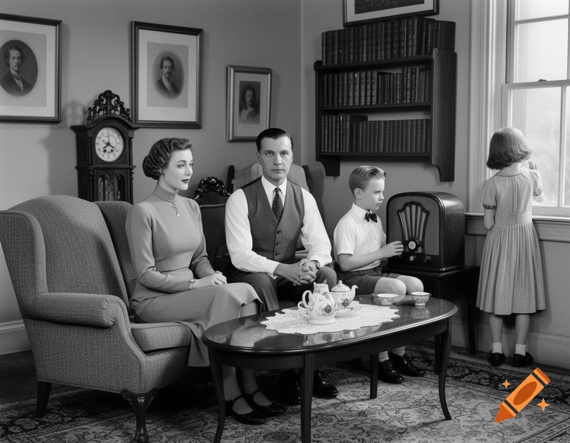 Black and white photo of a 1930s family in a living room, with parents on a sofa, a boy by a radio, and a girl looking out a window.