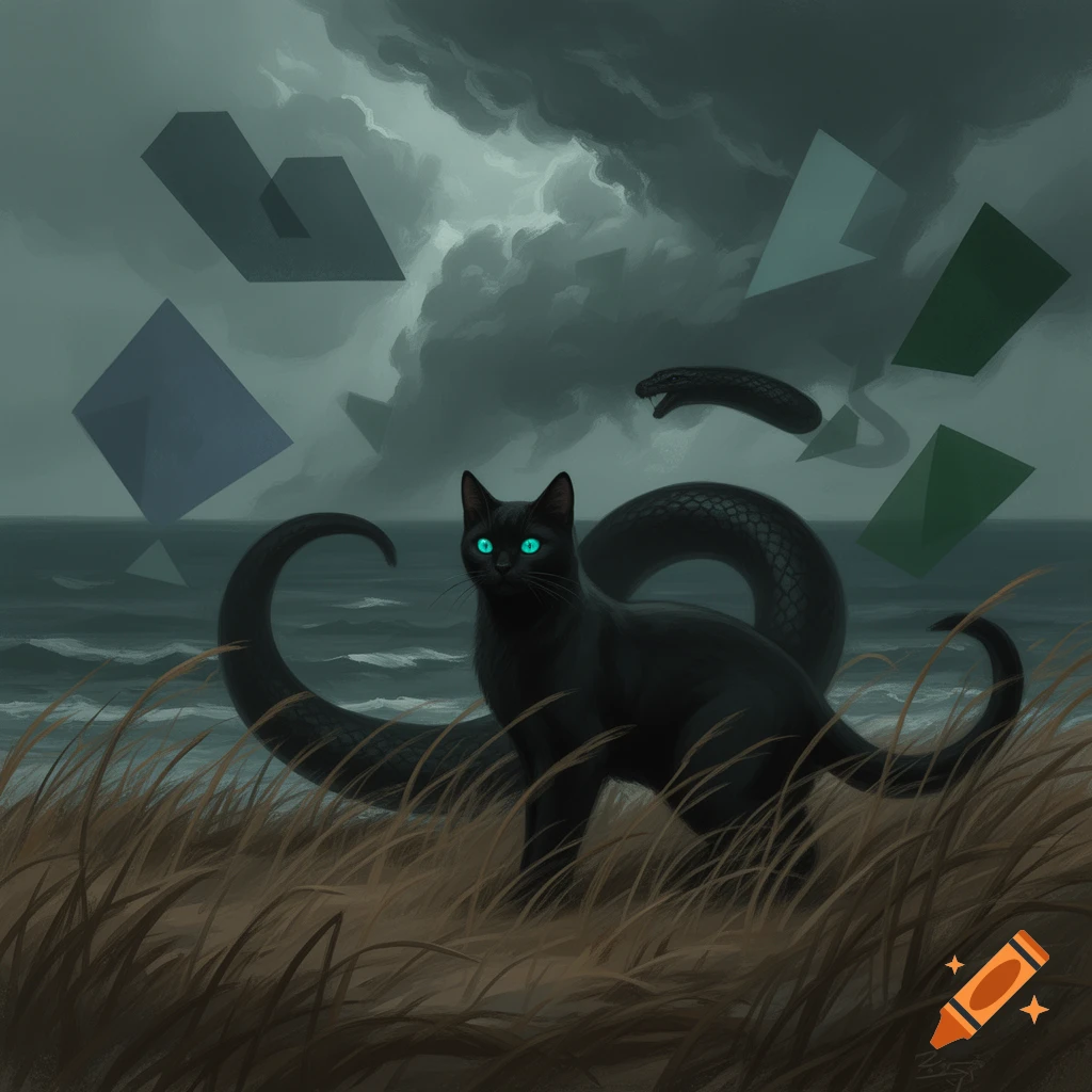 Stylized digital painting of a black cat with glowing turquoise eyes and a snake-like tail in coastal grass, stormy ocean, geometric shapes.
