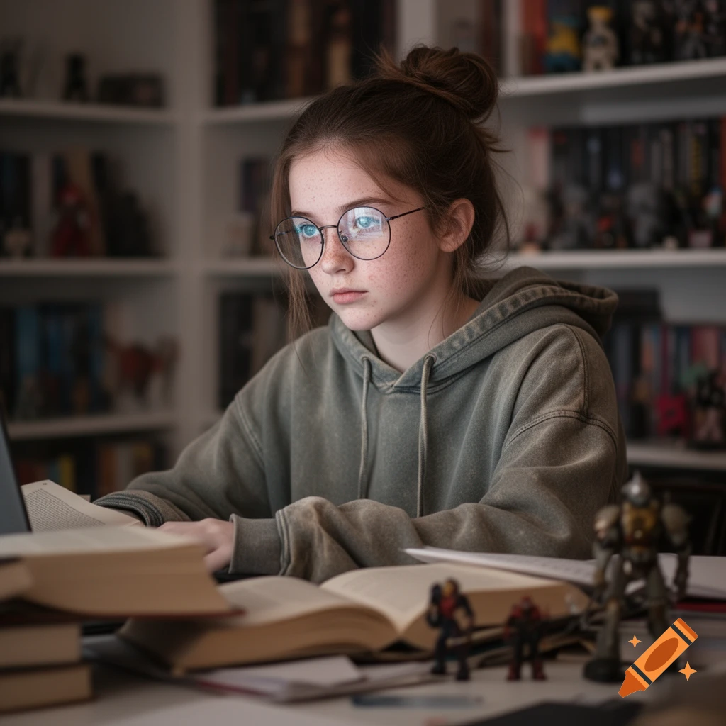 A girl with glasses and freckles, her hair in a bun, studies at a desk with open books and a laptop in a room with bookshelves.