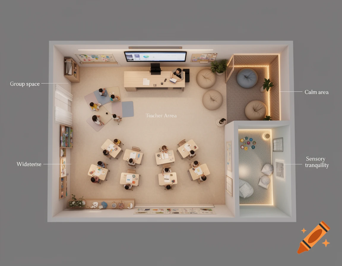 Top-down architectural rendering of a modern classroom layout with labeled areas including student desks, a teacher area, a group space, and separate calm and sensory zones.