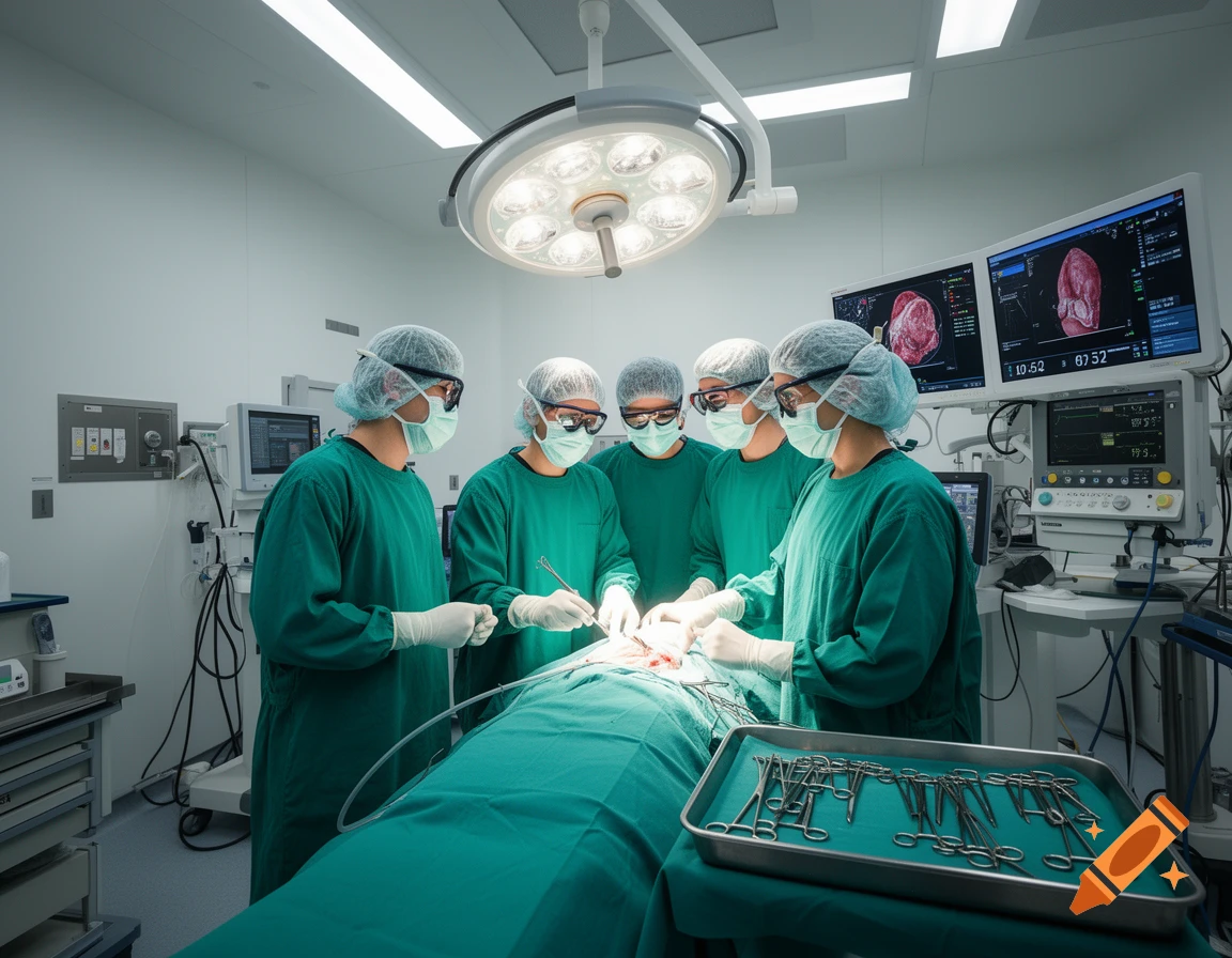 Five surgeons in green scrubs perform an operation in a brightly lit operating room with medical equipment and monitors.