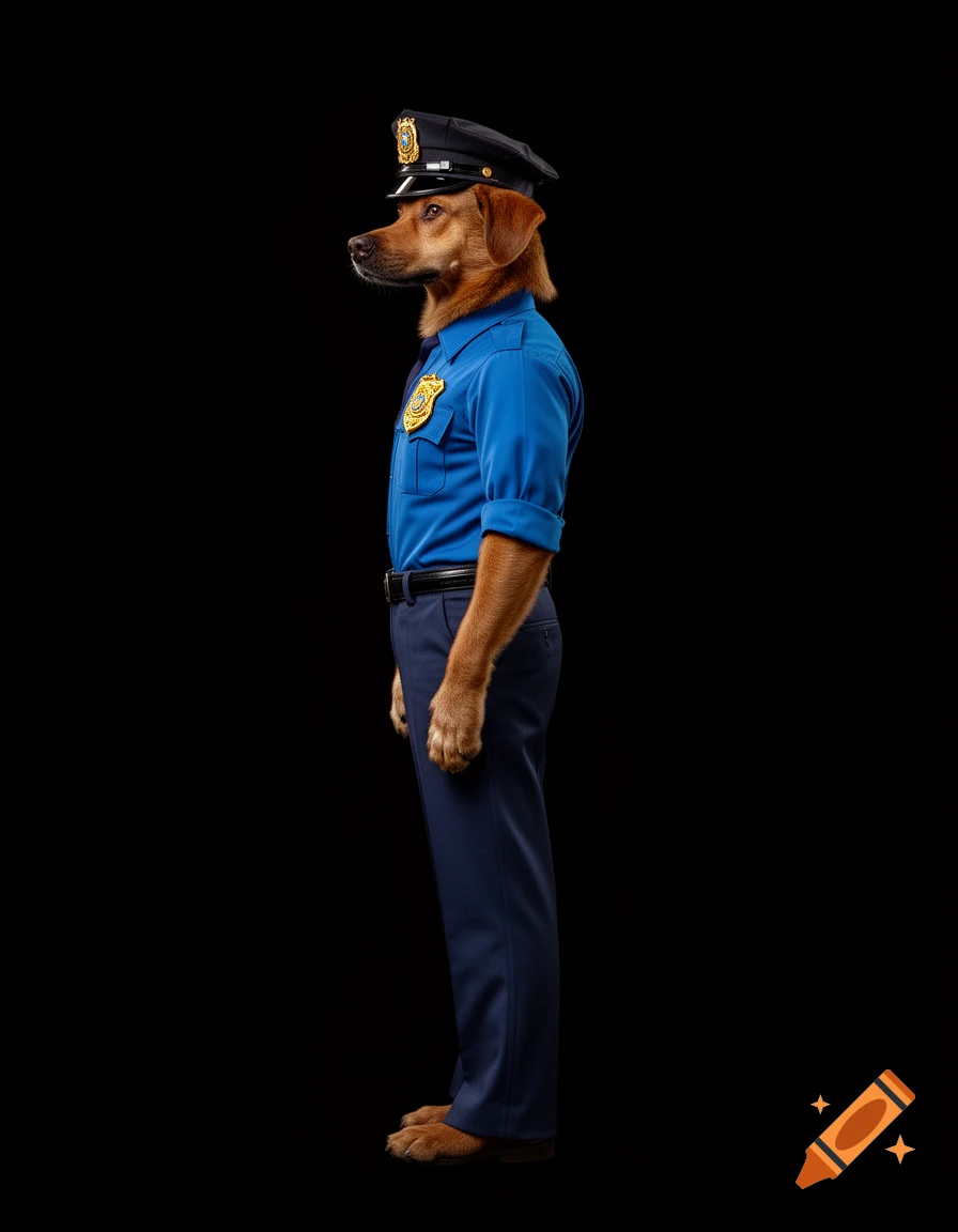 Photorealistic anthropomorphic brown dog, side view, dressed as a police officer with a hat and badge, against a black background.