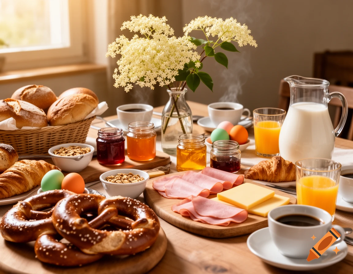 A photorealistic breakfast table with breads, pretzels, croissants, ham, cheese, cereals, jams, juices, coffee, and elderflowers.