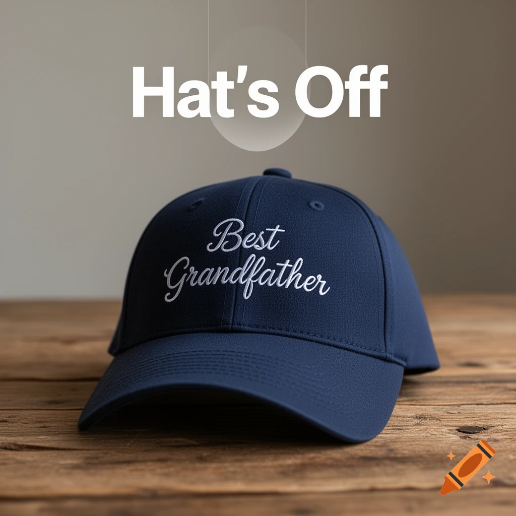 A navy blue baseball cap embroidered with "Best Grandfather" sits on a wooden table, with "Hat's Off" as an overhead caption.