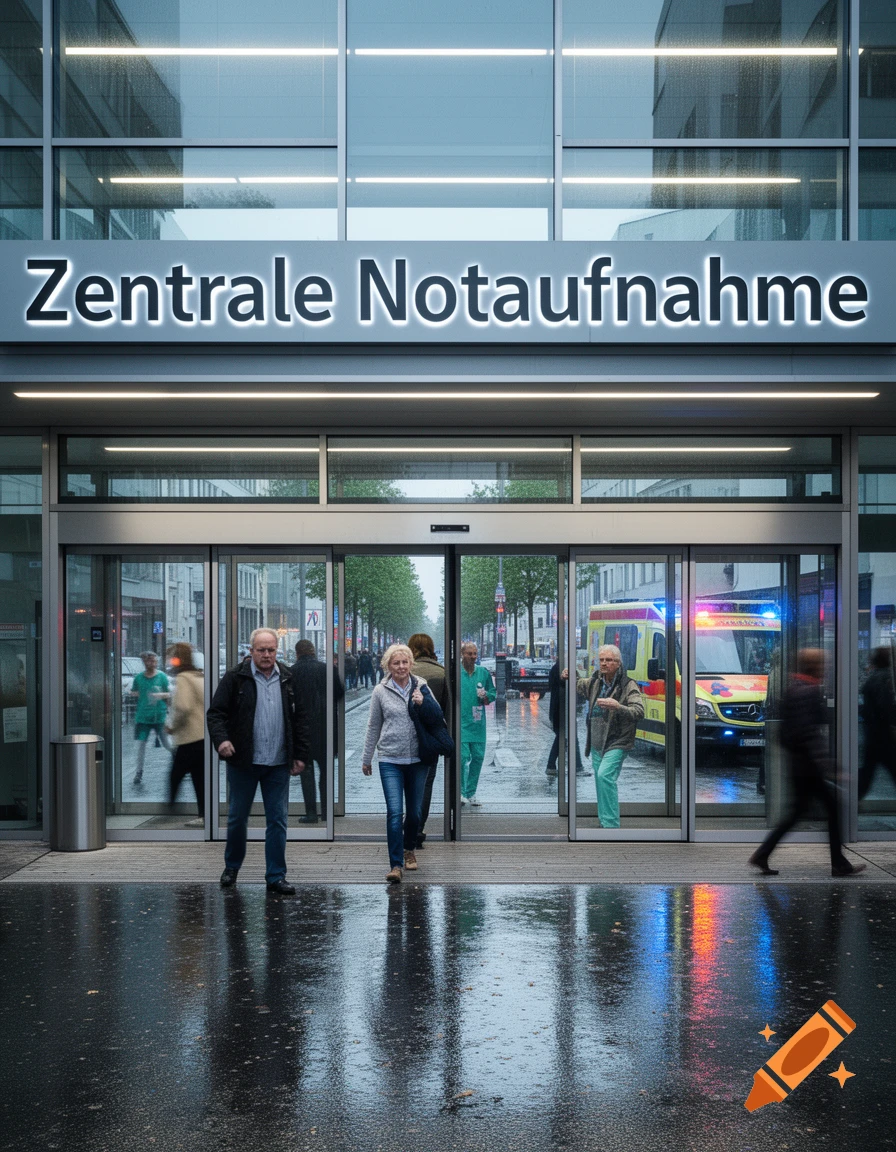 People walk in and out of a modern hospital emergency entrance, "Zentrale Notaufnahme" sign above, ambulance visible, wet street.