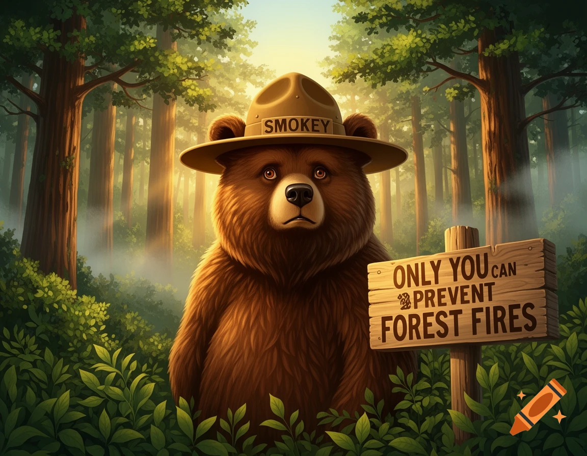Smokey the Bear in a forest wearing a ranger hat, standing next to a wooden sign that says 'ONLY YOU CAN PREVENT FOREST FIRES'.