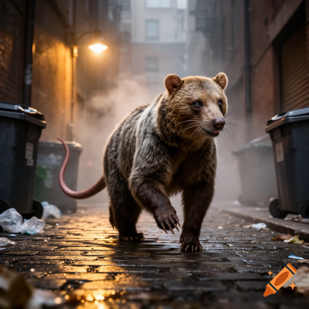 A photorealistic rat-bear hybrid with a long tail walks on a wet urban alleyway, illuminated by an orange streetlamp.