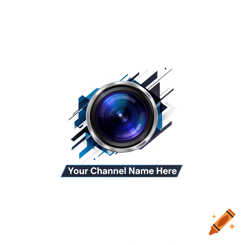 A logo featuring a camera lens with blue and black geometric shapes and a banner with 'Your Channel Name Here'.
